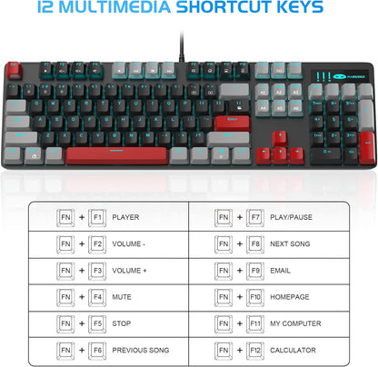 Mechanical Gaming Keyboard, 104 Keys Blue Backlit Keyboard with Red Switches Double-Shot Keycaps, USB Wired Mechanical Computer Keyboard for Laptop, Desktop, PC Gamers(Gray & Black)