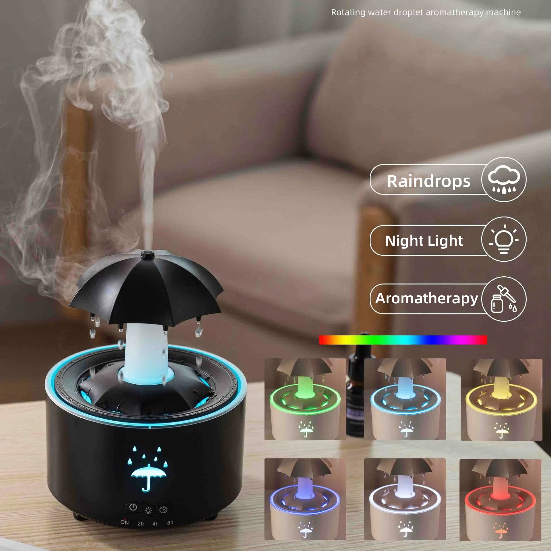 Creative Umbrella Water Drop Air Humidifier with Colorful Light Raindrop Aroma Essential Oil Diffuser Aromatherapy Humidifier