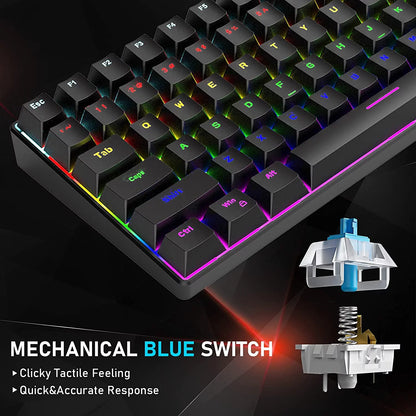 Wired Gaming Keyboard Rainbow Backlit Mechanical Keyboard Type-C 84 Keys Full Keys Anti-Ghosting for PC Gamers Work Office Blue Switch & Red Switch