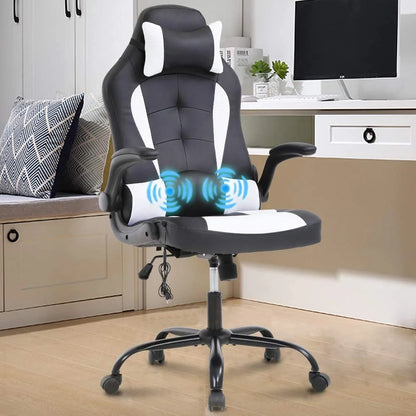 Massage Gaming Chair Video Game Chair Ergonomic Computer Office Desk Chair with a Vibrator Lumbar Support, Headrest,Flip up Armrest, White