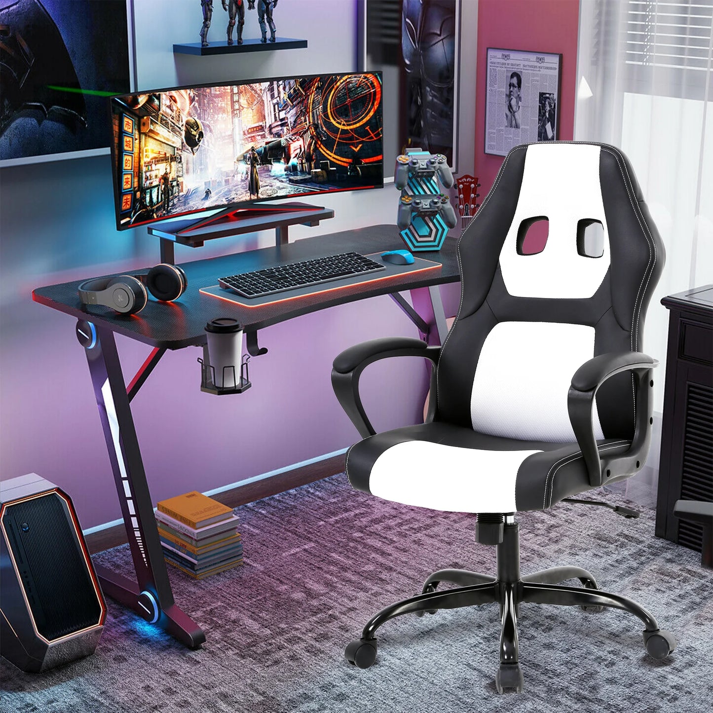 Gaming Chair PC Gaming Chair Gaming Chairs for Adults, Computer Chair PU Leather Office Desk Chair with Arms & Back Ergonomic High-Back Video Game Chair(White）