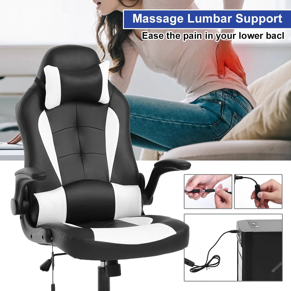 Massage Gaming Chair Video Game Chair Ergonomic Computer Office Desk Chair with a Vibrator Lumbar Support, Headrest,Flip up Armrest, White