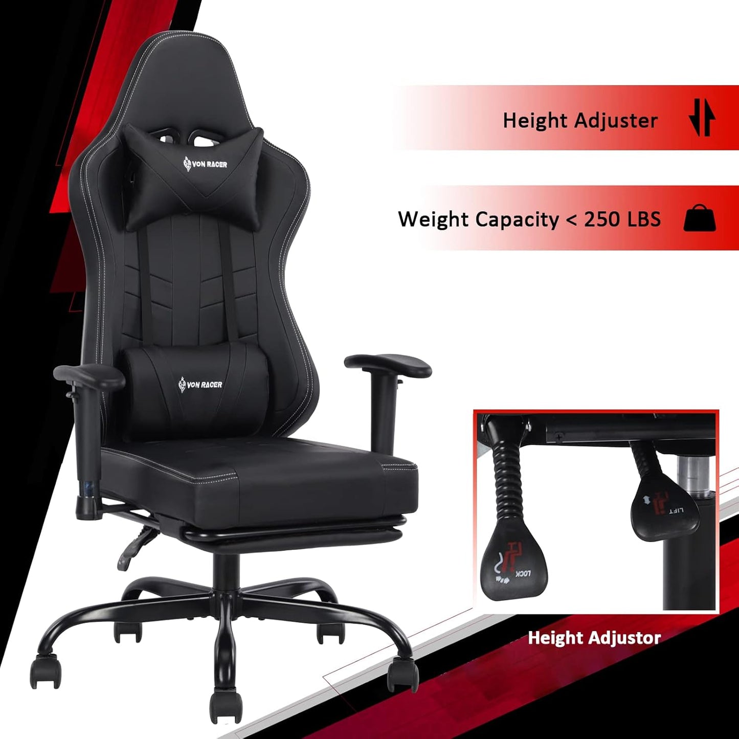 Gaming Chair Massage with Footrest Gamer Chair Ergonomic Gaming Chair for Adults Video Game Chair with Headrest and Massage Lumbar Support Gaming Chair Adjustable Swivel (Black)