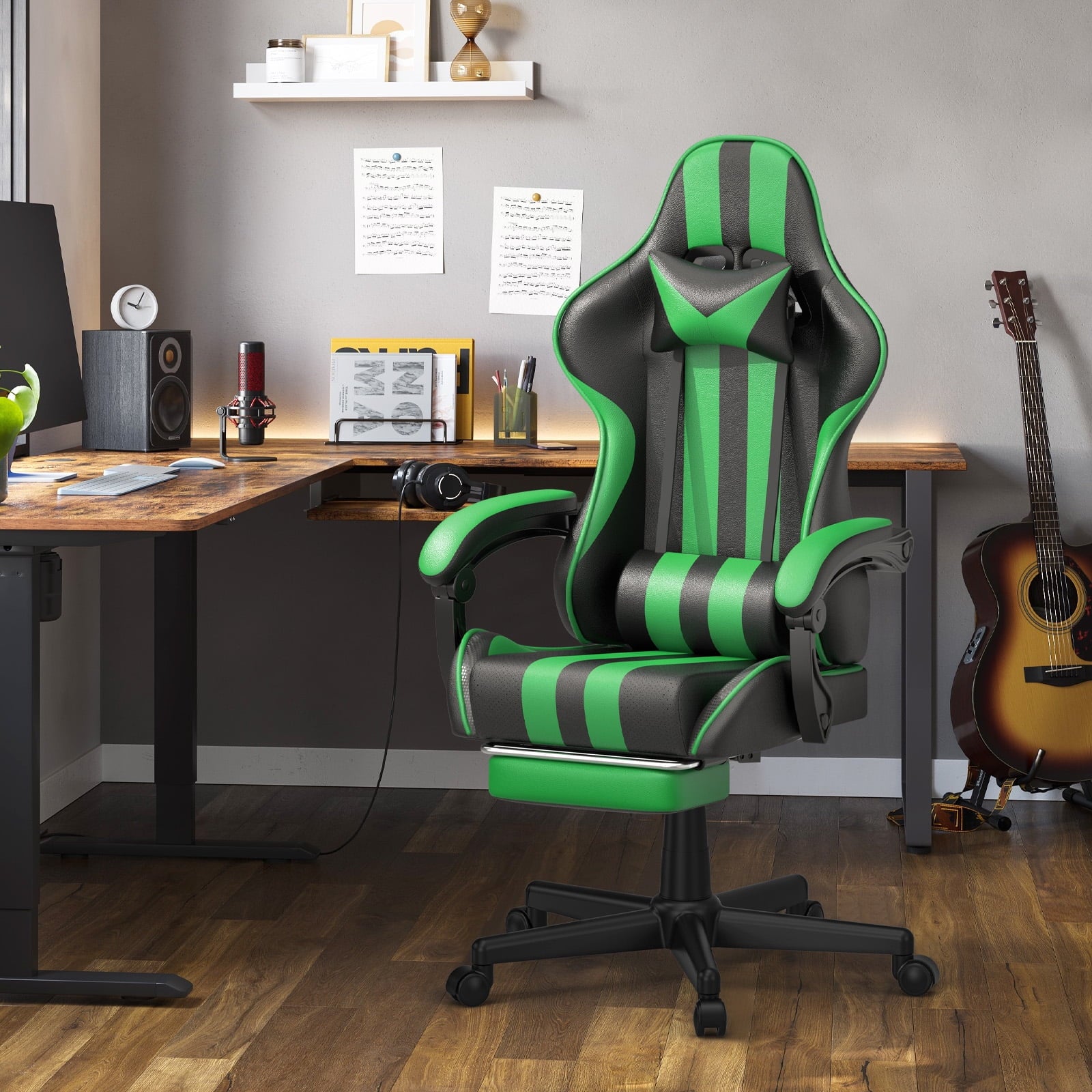 High Back Gaming Chair, Carbon Fiber PU Leather for Adults, Adjustable Arms, Green New