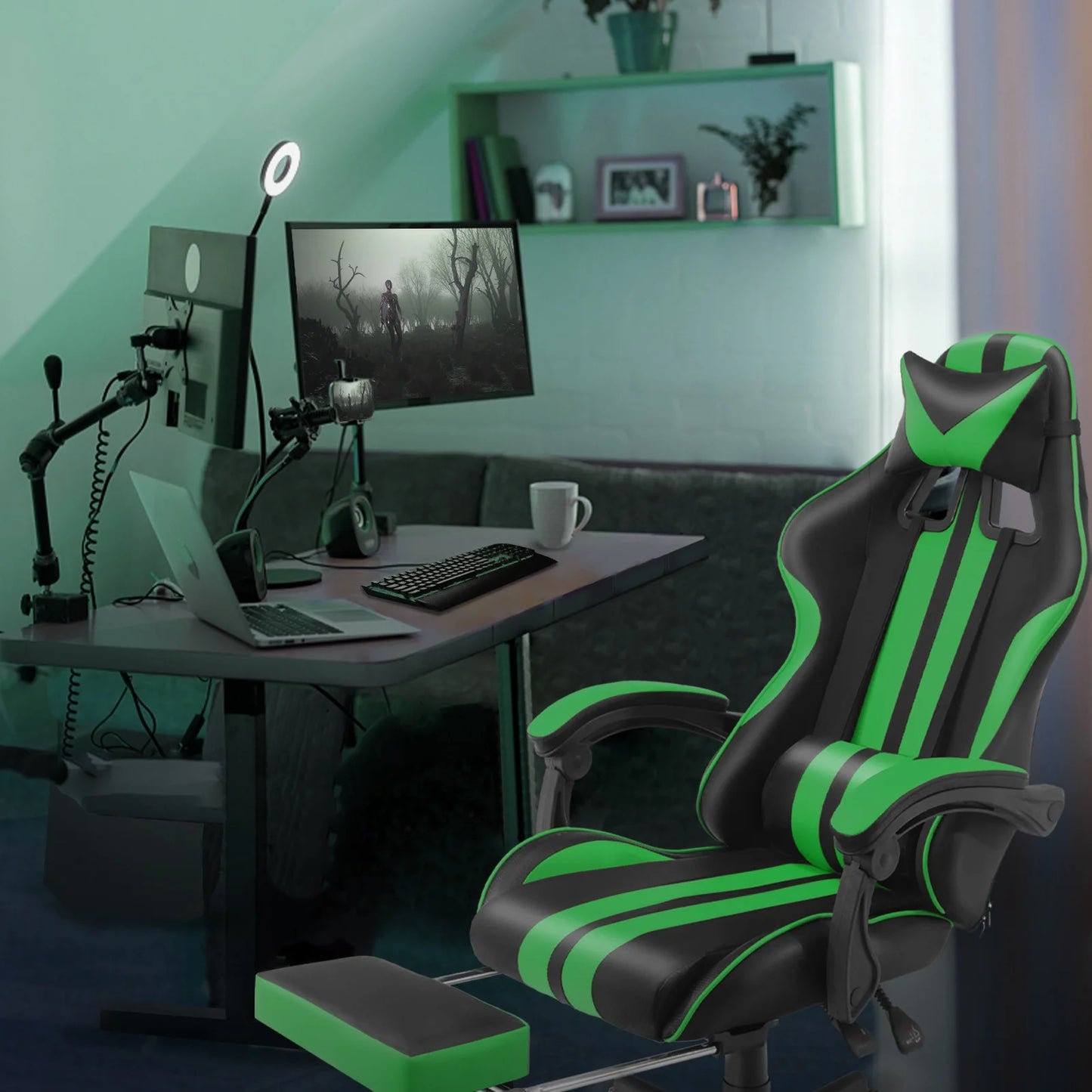 Green Gaming Chair with Footrest, High Back Office Chair with Massage Lumbar Pillow, Swivel Game Gamer Chairs for Adults Kids, Ergonomic Computer Chair, Green