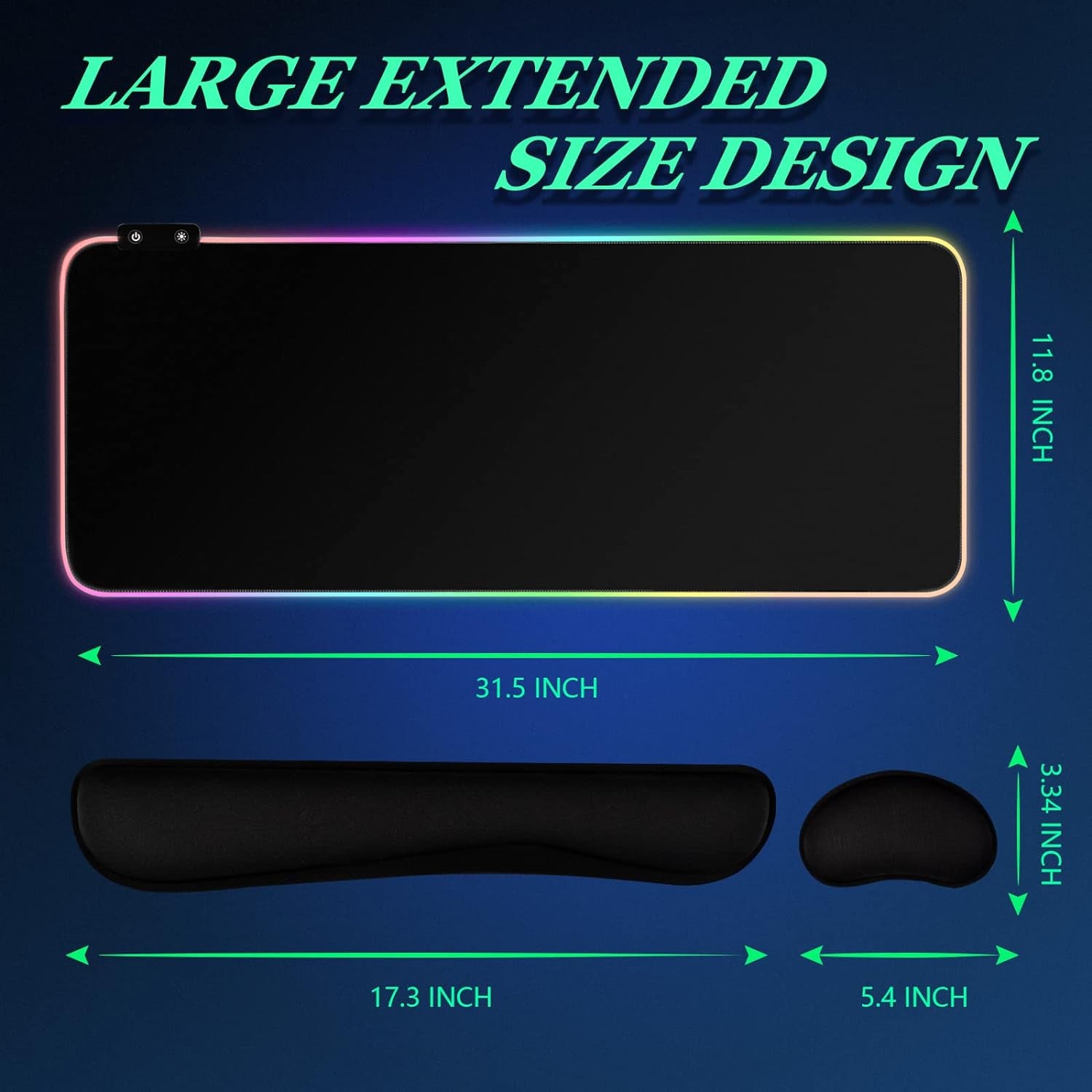 [3-In-1]Rgb Led Gaming Mouse Pad with Wrist Support, Gaming Keyboard Mat Mouse Pad[31.5×11.8 In][Black],Light up Mouse Pad Mouse Pad Wrist Support with [15 Light Modes][2 Brightness Levels]