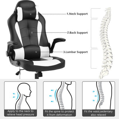 Massage Gaming Chair Video Game Chair Ergonomic Computer Office Desk Chair with a Vibrator Lumbar Support, Headrest,Flip up Armrest, White