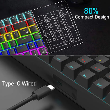 Wired Gaming Keyboard Rainbow Backlit Mechanical Keyboard Type-C 84 Keys Full Keys Anti-Ghosting for PC Gamers Work Office Blue Switch & Red Switch