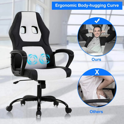 ncs Gaming Chair Massage Computer Desk Chair Adjustable PU Leather Office Chair with Massage Lumbar Support for Teens, White