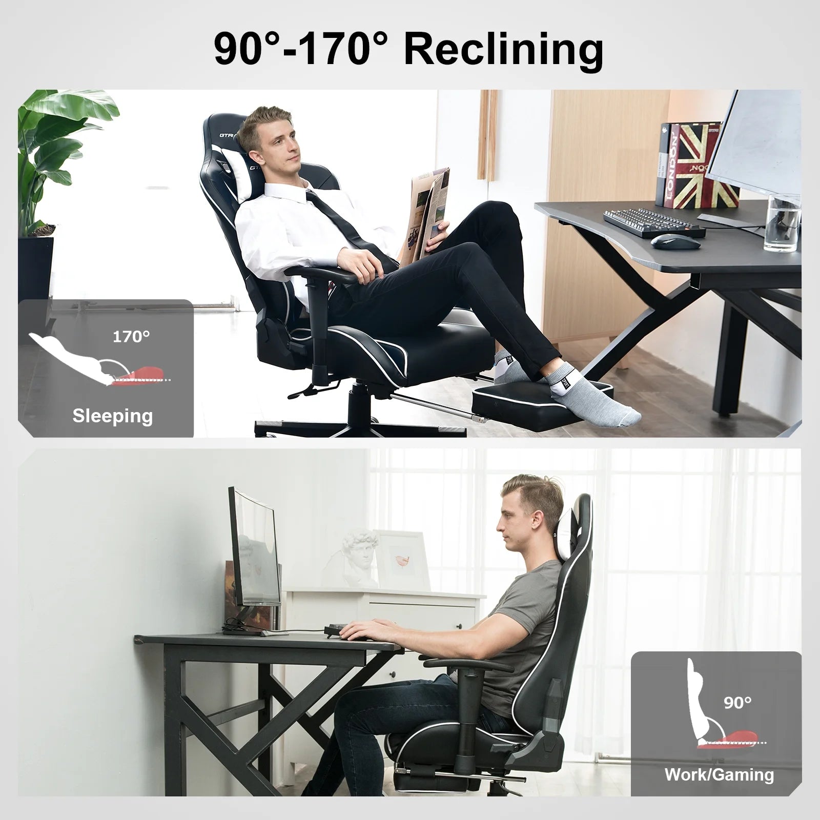 Music Gaming Chair with Footrest Ergonomic Reclining PU Leather Office Chair, White