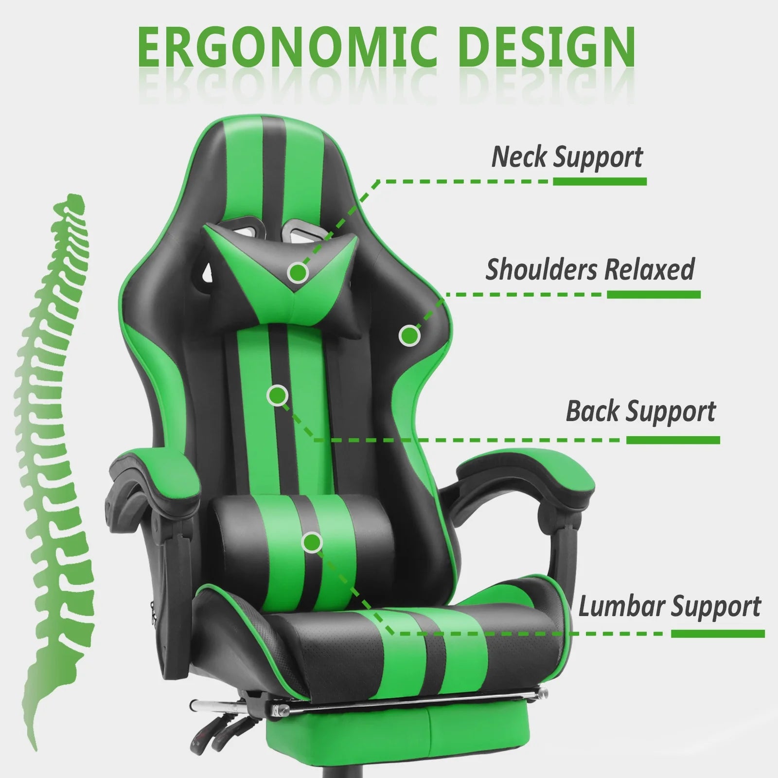 Green Gaming Chair with Footrest, High Back Office Chair with Massage Lumbar Pillow, Swivel Game Gamer Chairs for Adults Kids, Ergonomic Computer Chair, Green