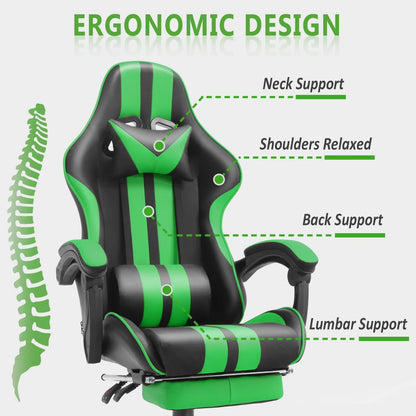 Green Gaming Chair with Footrest, High Back Office Chair with Massage Lumbar Pillow, Swivel Game Gamer Chairs for Adults Kids, Ergonomic Computer Chair, Green