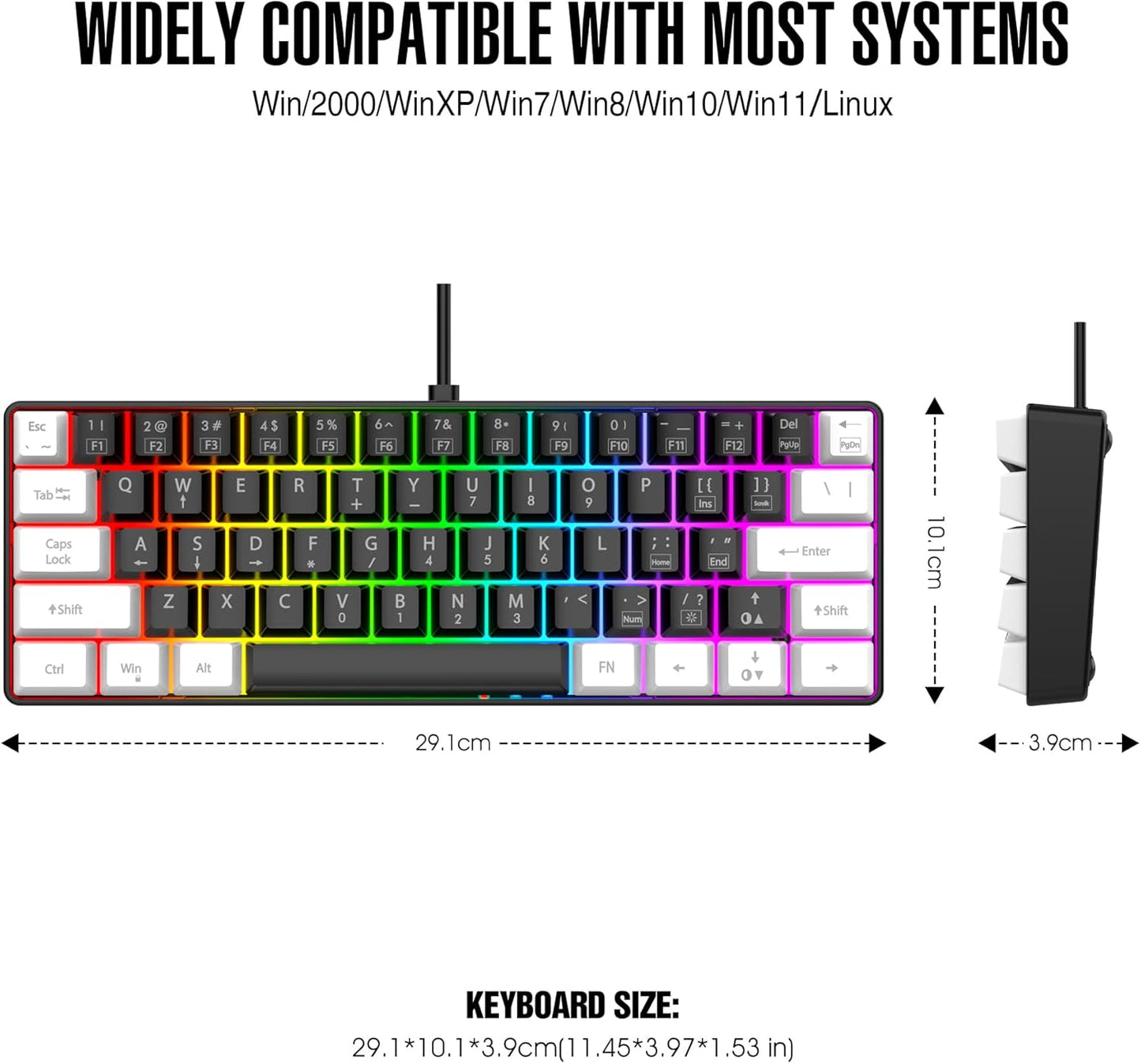 60% Wired Gaming Keyboard, RGB Backlit Mini Keyboard, Waterproof Small Ultra-Compact 61 Keys Keyboard for Pc/Mac Gamer, Typist, Travel, Easy to Carry on Business Trip (Black-White)