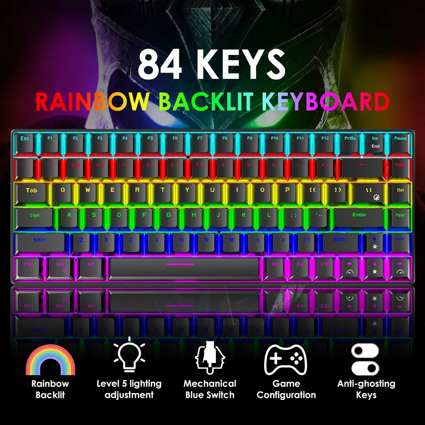 Wired Gaming Keyboard Rainbow Backlit Mechanical Keyboard Type-C 84 Keys Full Keys Anti-Ghosting for PC Gamers Work Office Blue Switch & Red Switch