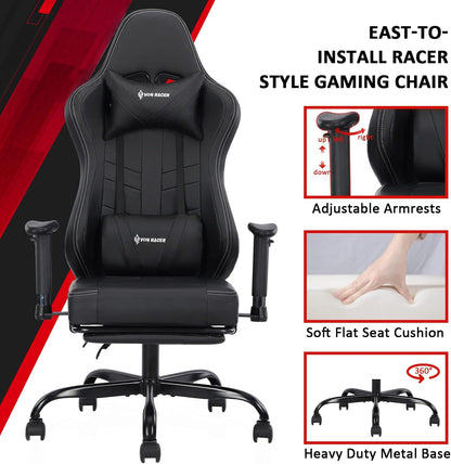 Gaming Chair Massage with Footrest Gamer Chair Ergonomic Gaming Chair for Adults Video Game Chair with Headrest and Massage Lumbar Support Gaming Chair Adjustable Swivel (Black)