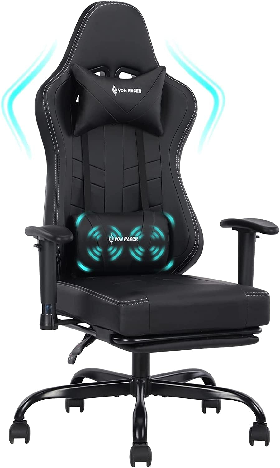 Gaming Chair Massage with Footrest Gamer Chair Ergonomic Gaming Chair for Adults Video Game Chair with Headrest and Massage Lumbar Support Gaming Chair Adjustable Swivel (Black)