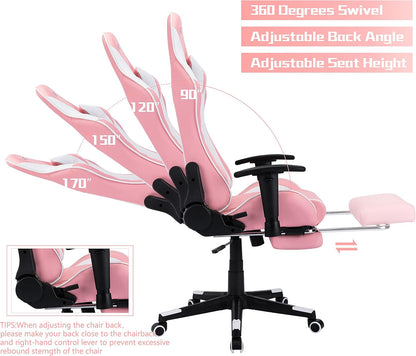 Pink Gaming Chair with Footrest High Back Ergonomic Adjustable Racing Style PU Leather Gaming Chair for Adults，Computer Gaming Chair with Headrest and Lumbar Support (Pink -2)