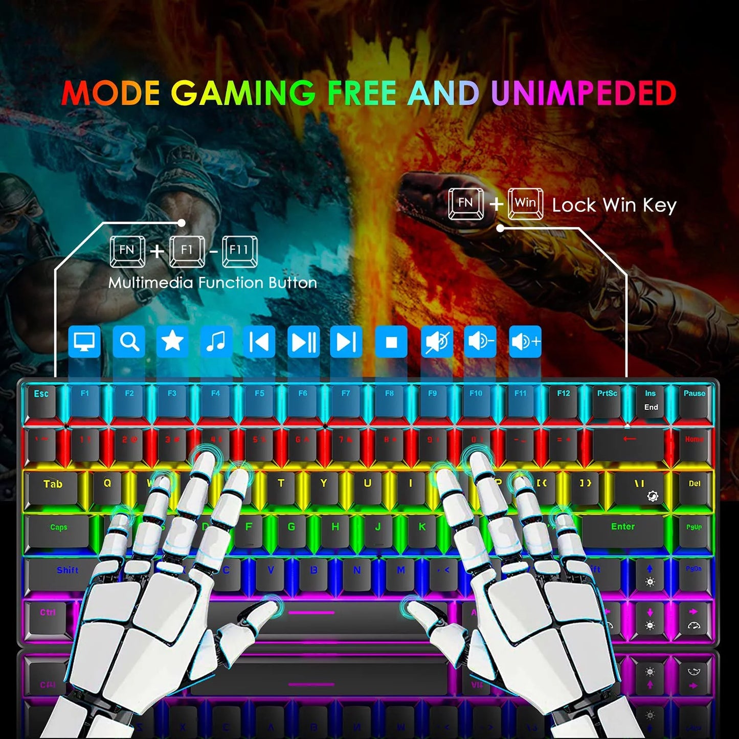 Wired Gaming Keyboard Rainbow Backlit Mechanical Keyboard Type-C 84 Keys Full Keys Anti-Ghosting for PC Gamers Work Office Blue Switch & Red Switch