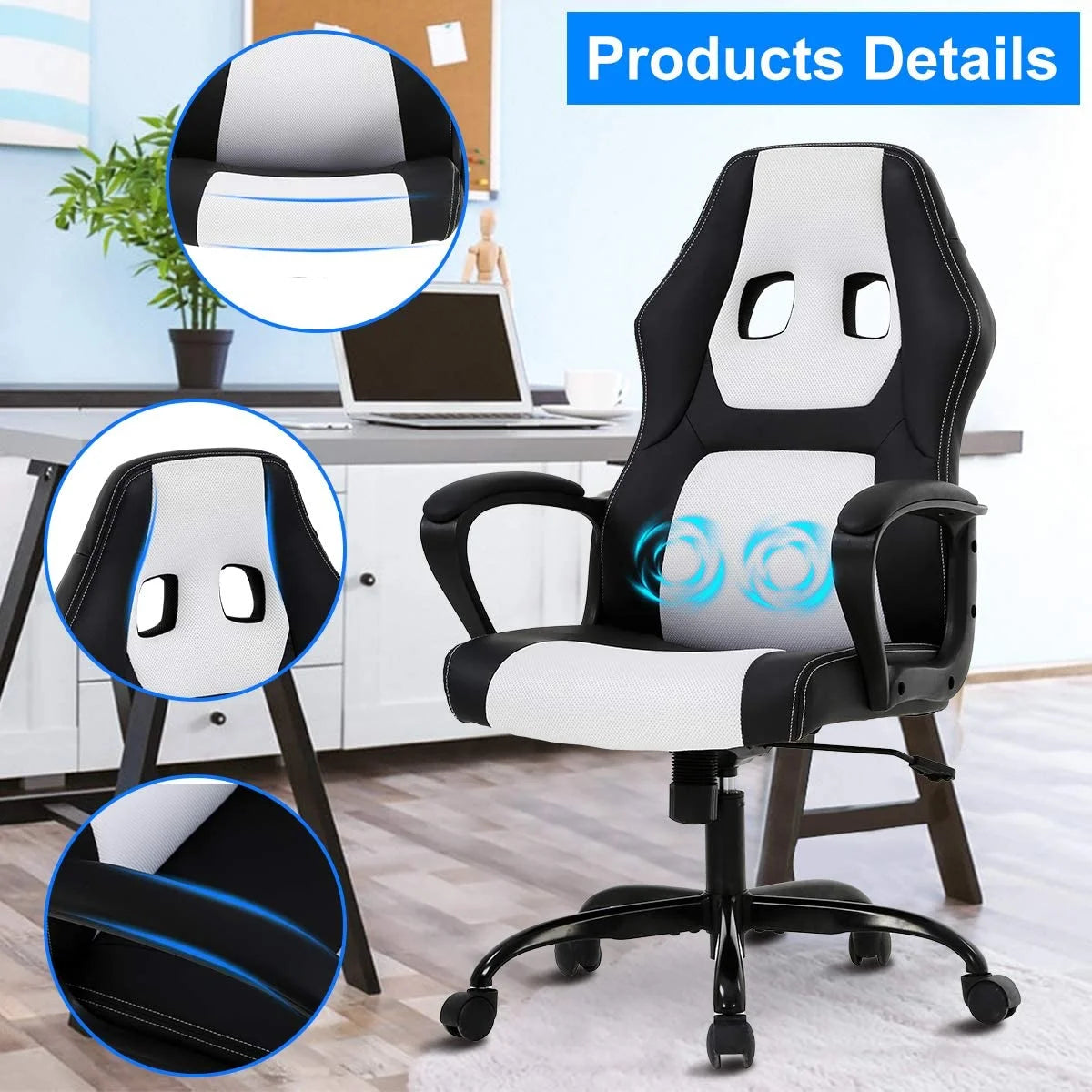 ncs Gaming Chair Massage Computer Desk Chair Adjustable PU Leather Office Chair with Massage Lumbar Support for Teens, White