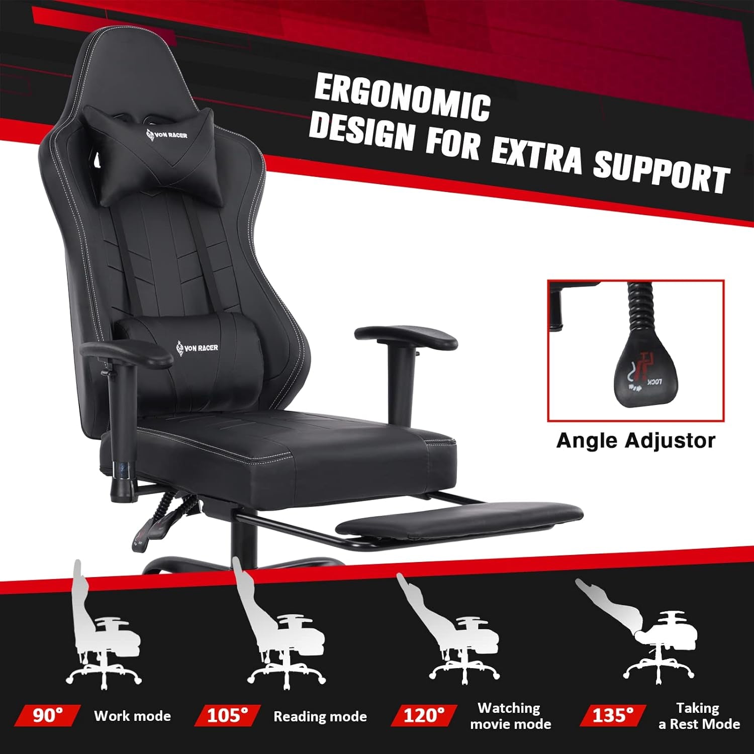 Gaming Chair Massage with Footrest Gamer Chair Ergonomic Gaming Chair for Adults Video Game Chair with Headrest and Massage Lumbar Support Gaming Chair Adjustable Swivel (Black)