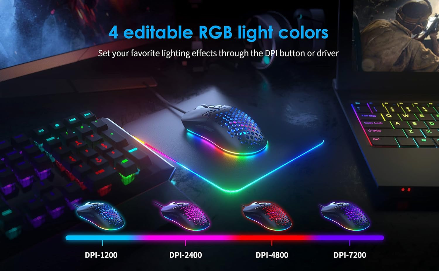 Gaming Mouse Wired Lightweight Honeycomb Mouse RGB LED Backlit USB Computer Mouse, 7 Programmable Buttons, 7200 DPI Adjustable Optical Sensor Desktop Laptop PC Gaming Mice with 5.5Ft Braided Fiber