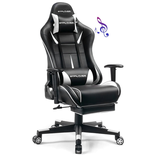 Music Gaming Chair with Footrest Ergonomic Reclining PU Leather Office Chair, White