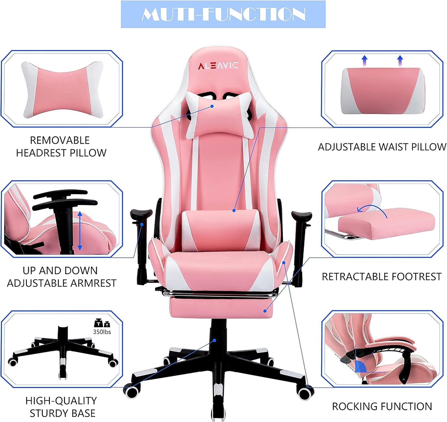 Pink Gaming Chair with Footrest High Back Ergonomic Adjustable Racing Style PU Leather Gaming Chair for Adults，Computer Gaming Chair with Headrest and Lumbar Support (Pink -2)