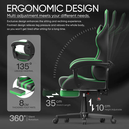 High Back Gaming Chair, Carbon Fiber PU Leather for Adults, Adjustable Arms, Green New