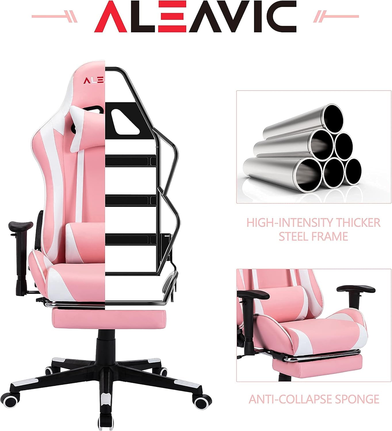 Pink Gaming Chair with Footrest High Back Ergonomic Adjustable Racing Style PU Leather Gaming Chair for Adults，Computer Gaming Chair with Headrest and Lumbar Support (Pink -2)