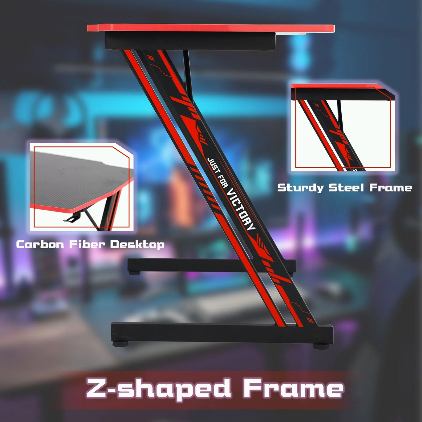 Gaming Desk Z-Shaped Computer Workstation Ergonomic Gaming Desk with Headphone Hook, Red