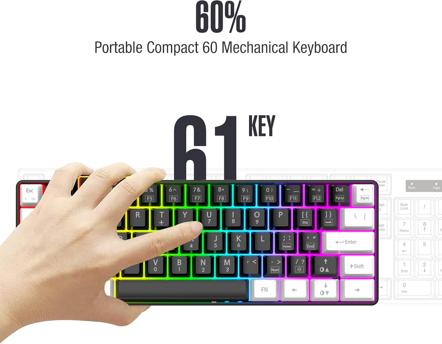 60% Wired Gaming Keyboard, RGB Backlit Mini Keyboard, Waterproof Small Ultra-Compact 61 Keys Keyboard for Pc/Mac Gamer, Typist, Travel, Easy to Carry on Business Trip (Black-White)