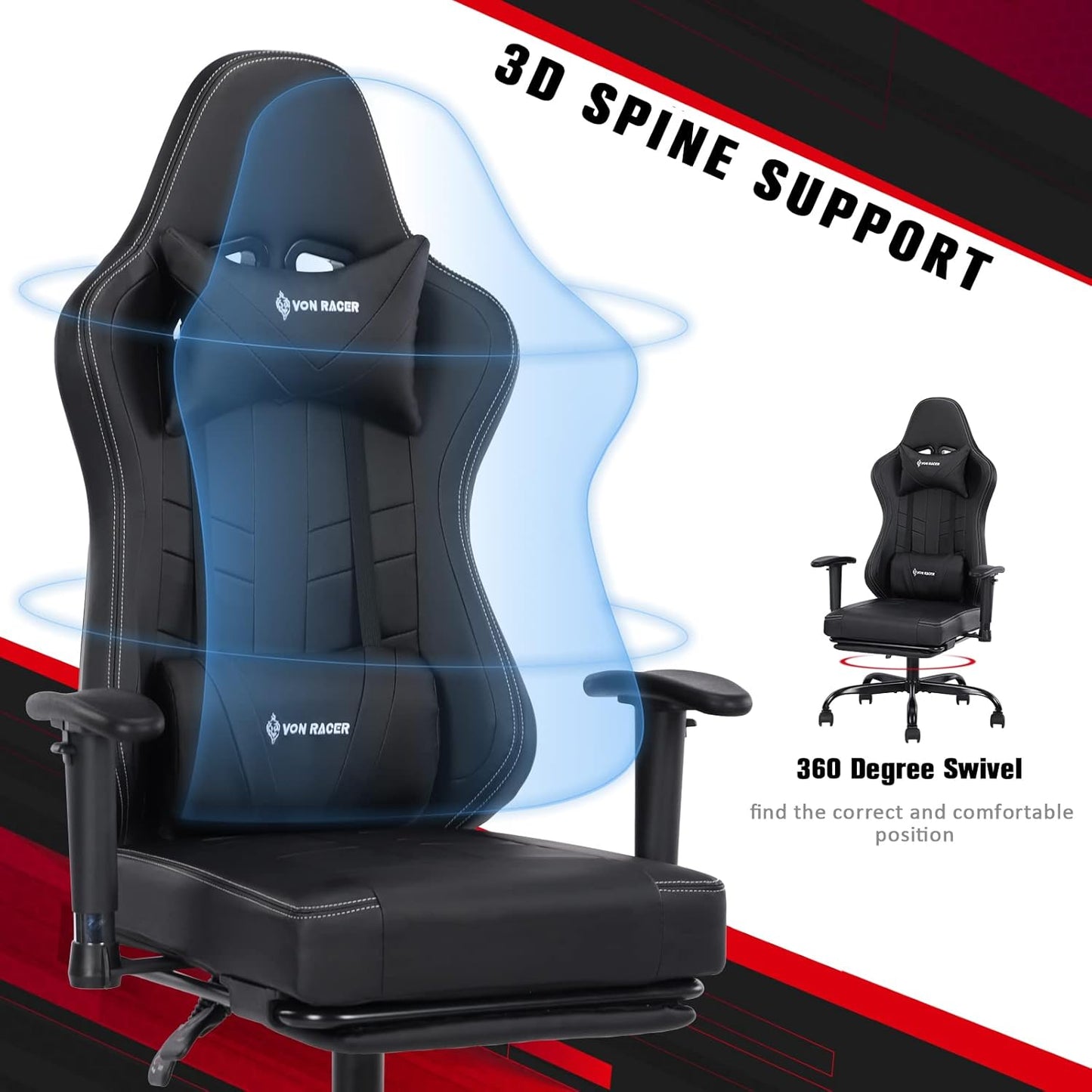 Gaming Chair Massage with Footrest Gamer Chair Ergonomic Gaming Chair for Adults Video Game Chair with Headrest and Massage Lumbar Support Gaming Chair Adjustable Swivel (Black)