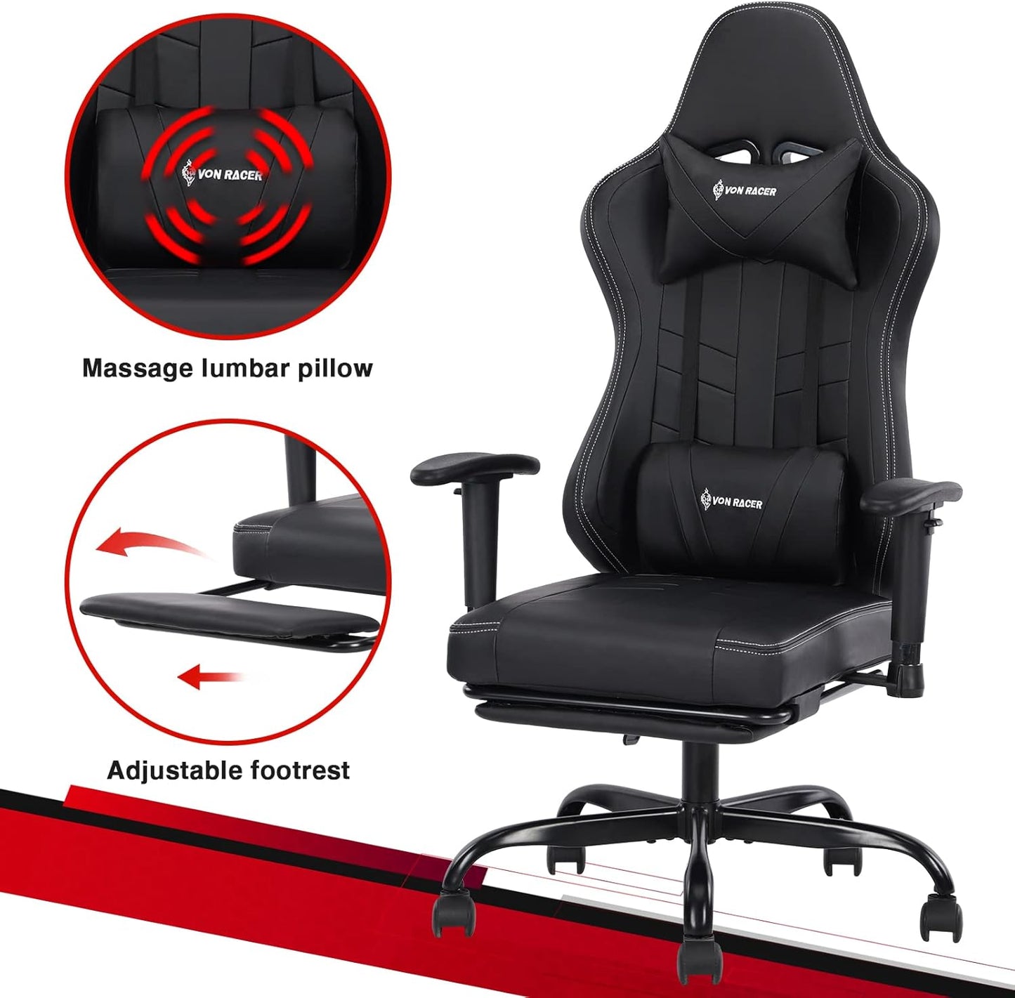 Gaming Chair Massage with Footrest Gamer Chair Ergonomic Gaming Chair for Adults Video Game Chair with Headrest and Massage Lumbar Support Gaming Chair Adjustable Swivel (Black)