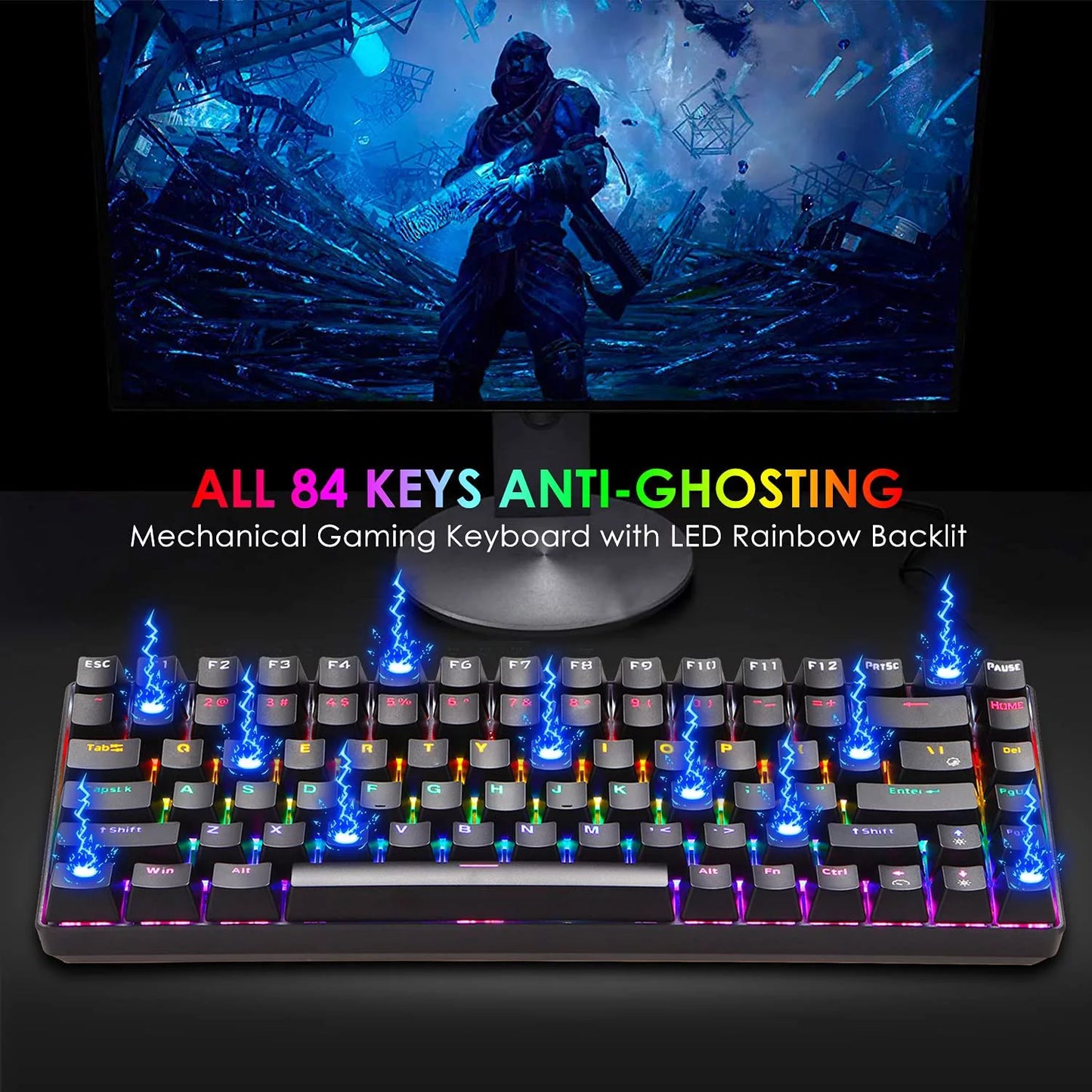 Wired Gaming Keyboard Rainbow Backlit Mechanical Keyboard Type-C 84 Keys Full Keys Anti-Ghosting for PC Gamers Work Office Blue Switch & Red Switch