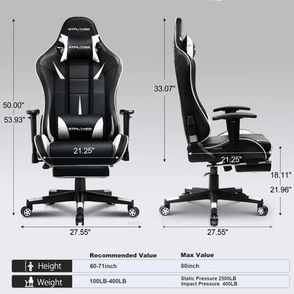 Music Gaming Chair with Footrest Ergonomic Reclining PU Leather Office Chair, White