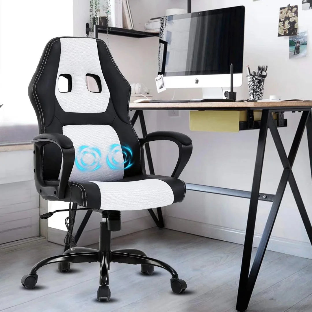 ncs Gaming Chair Massage Computer Desk Chair Adjustable PU Leather Office Chair with Massage Lumbar Support for Teens, White