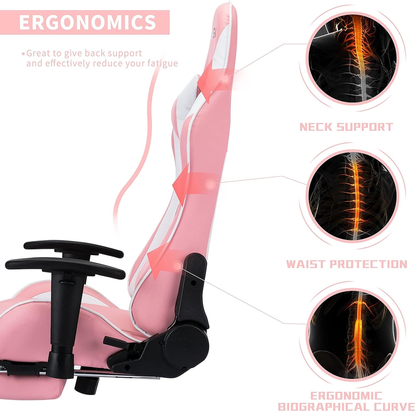 Pink Gaming Chair with Footrest High Back Ergonomic Adjustable Racing Style PU Leather Gaming Chair for Adults，Computer Gaming Chair with Headrest and Lumbar Support (Pink -2)