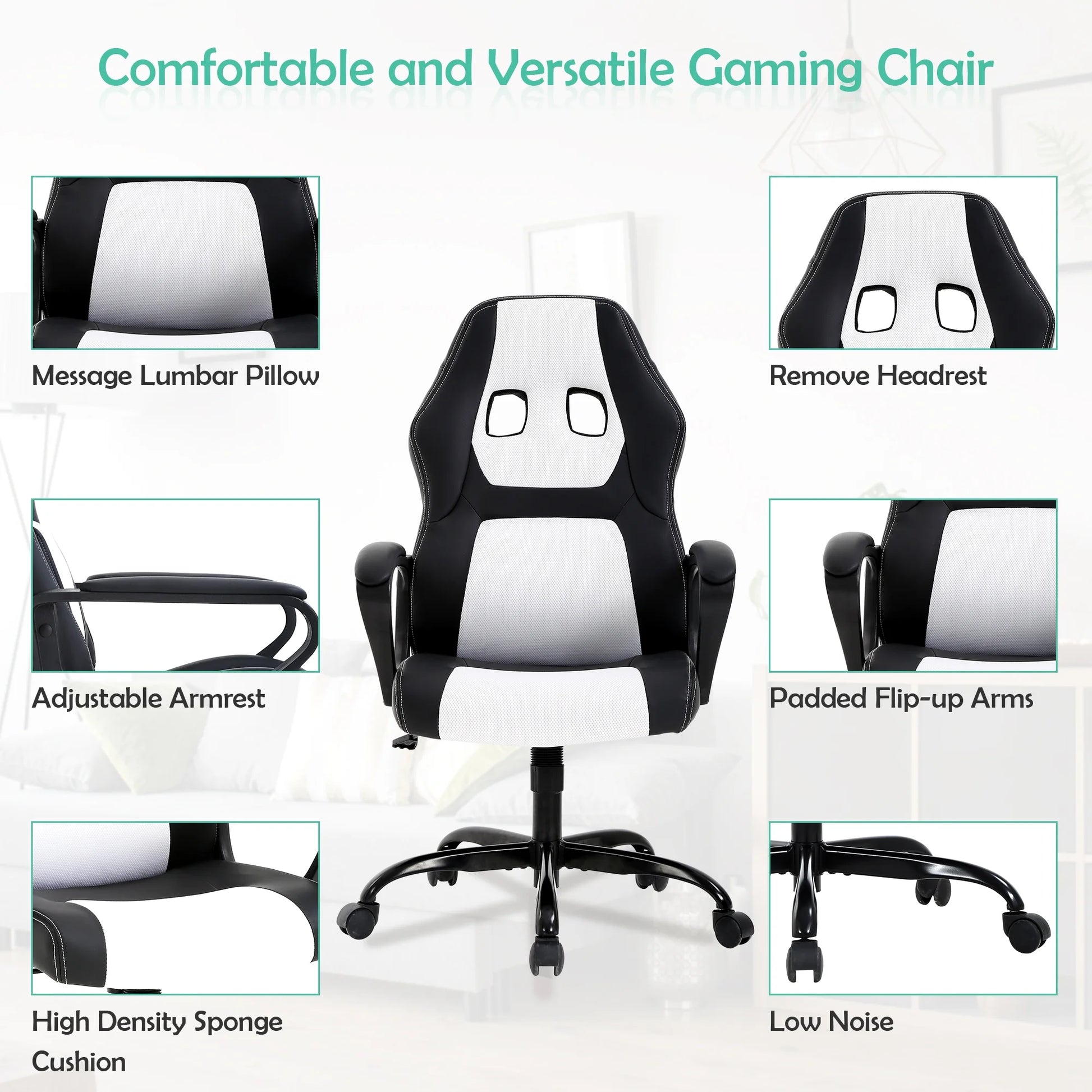 Gaming Chair PC Gaming Chair Gaming Chairs for Adults, Computer Chair PU Leather Office Desk Chair with Arms & Back Ergonomic High-Back Video Game Chair(White）