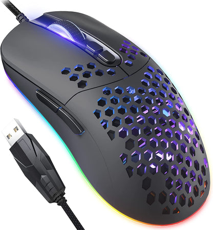 Gaming Mouse Wired Lightweight Honeycomb Mouse RGB LED Backlit USB Computer Mouse, 7 Programmable Buttons, 7200 DPI Adjustable Optical Sensor Desktop Laptop PC Gaming Mice with 5.5Ft Braided Fiber