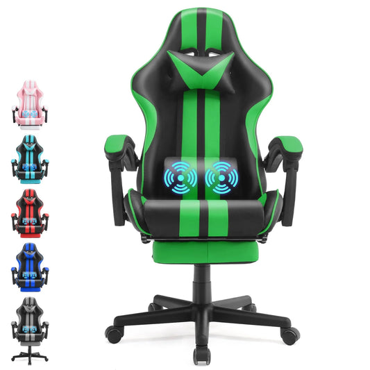 Green Gaming Chair with Footrest, High Back Office Chair with Massage Lumbar Pillow, Swivel Game Gamer Chairs for Adults Kids, Ergonomic Computer Chair, Green