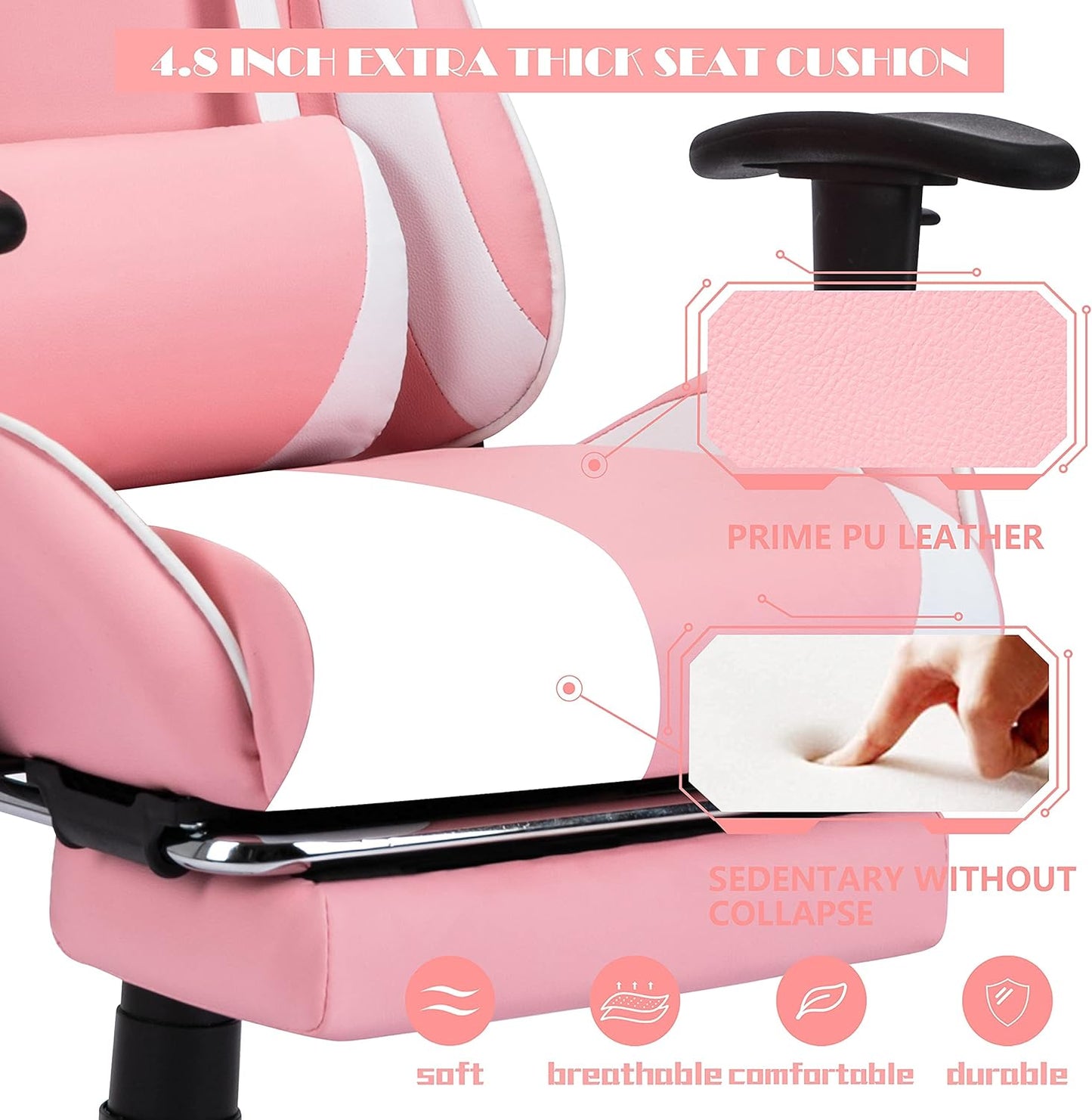 Pink Gaming Chair with Footrest High Back Ergonomic Adjustable Racing Style PU Leather Gaming Chair for Adults，Computer Gaming Chair with Headrest and Lumbar Support (Pink -2)