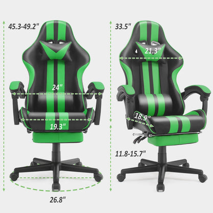 Green Gaming Chair with Footrest, High Back Office Chair with Massage Lumbar Pillow, Swivel Game Gamer Chairs for Adults Kids, Ergonomic Computer Chair, Green