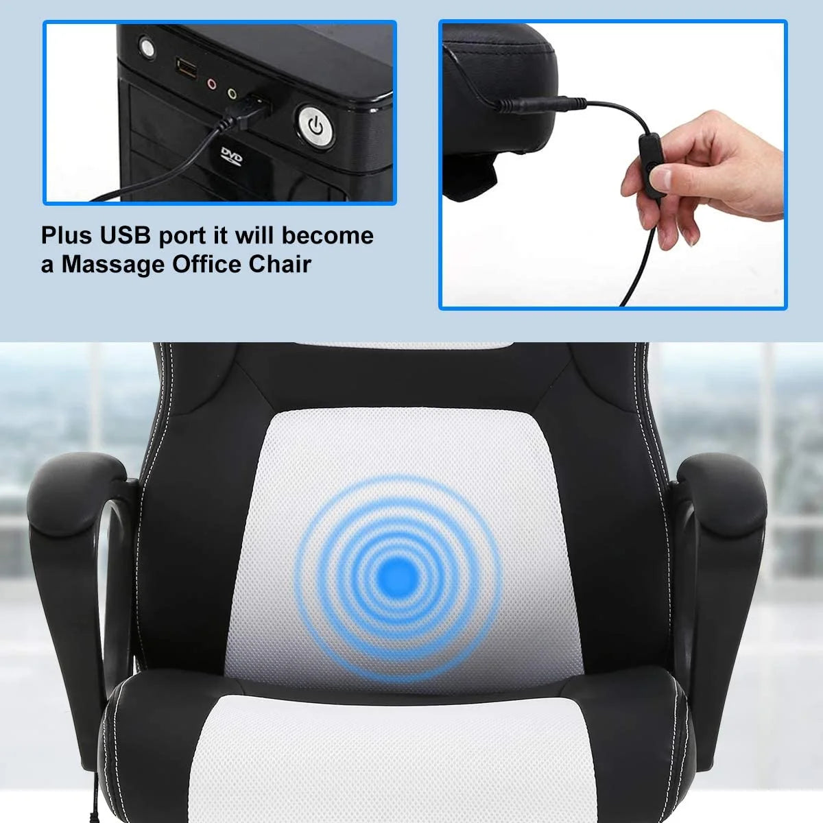 ncs Gaming Chair Massage Computer Desk Chair Adjustable PU Leather Office Chair with Massage Lumbar Support for Teens, White