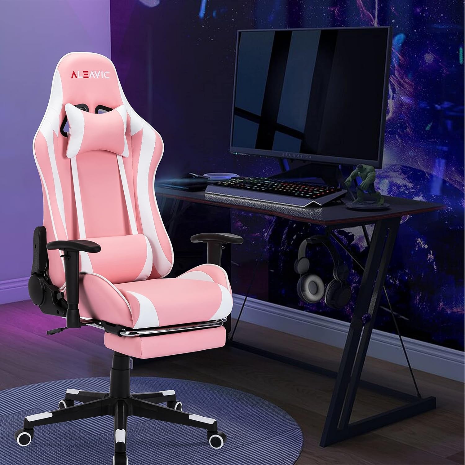 Pink Gaming Chair with Footrest High Back Ergonomic Adjustable Racing Style PU Leather Gaming Chair for Adults，Computer Gaming Chair with Headrest and Lumbar Support (Pink -2)