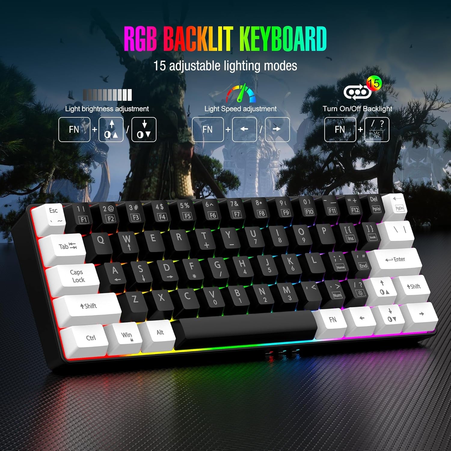 60% Wired Gaming Keyboard, RGB Backlit Mini Keyboard, Waterproof Small Ultra-Compact 61 Keys Keyboard for Pc/Mac Gamer, Typist, Travel, Easy to Carry on Business Trip (Black-White)