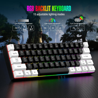 60% Wired Gaming Keyboard, RGB Backlit Mini Keyboard, Waterproof Small Ultra-Compact 61 Keys Keyboard for Pc/Mac Gamer, Typist, Travel, Easy to Carry on Business Trip (Black-White)