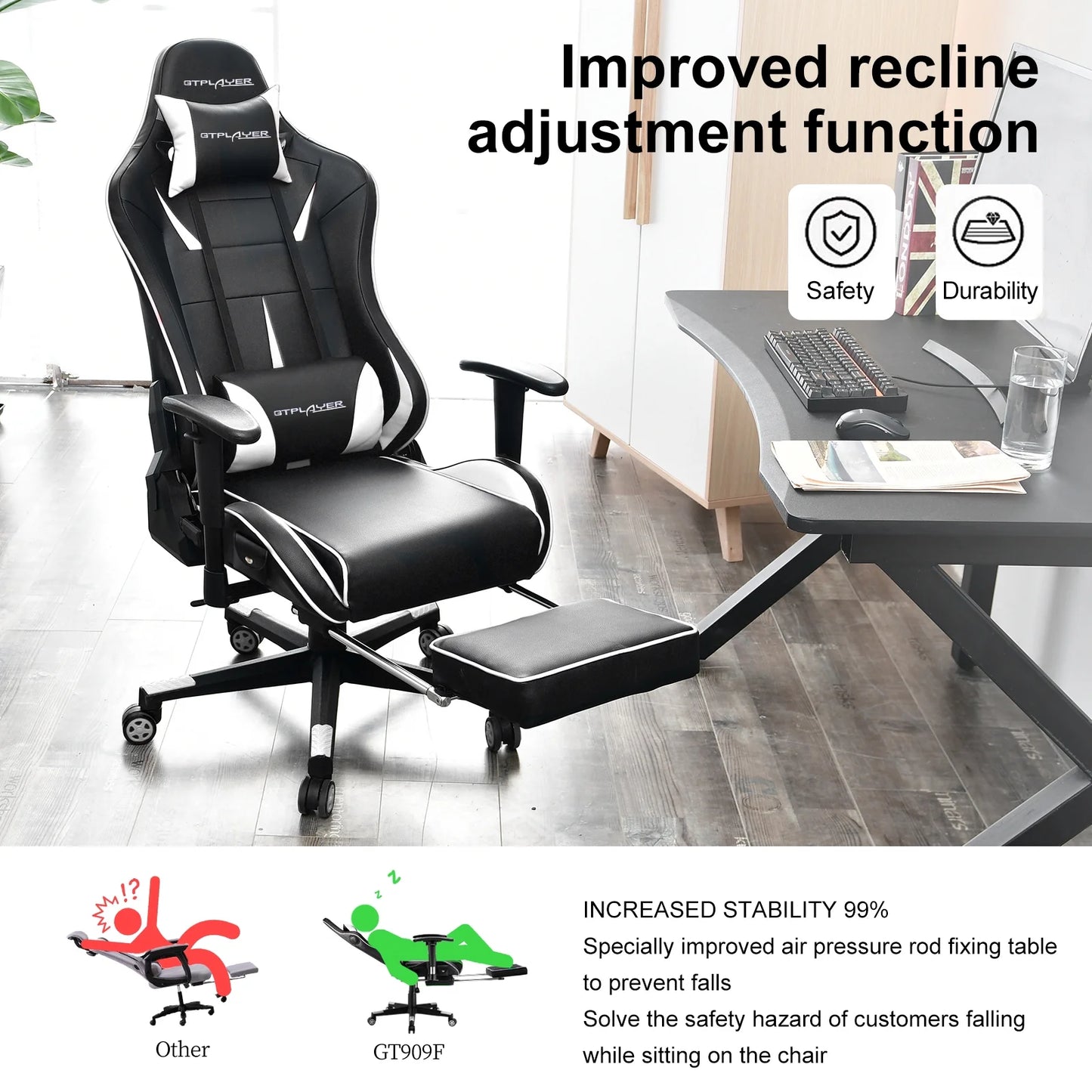 Music Gaming Chair with Footrest Ergonomic Reclining PU Leather Office Chair, White