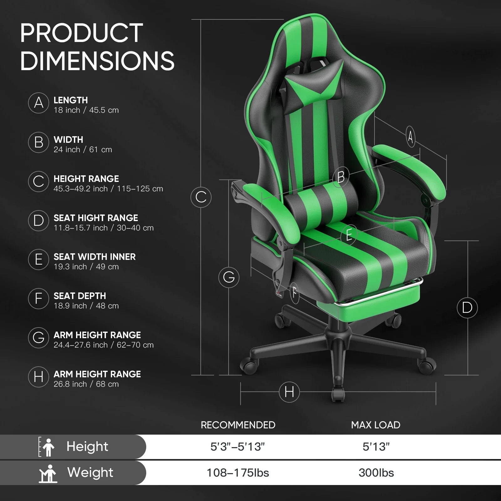 High Back Gaming Chair, Carbon Fiber PU Leather for Adults, Adjustable Arms, Green New