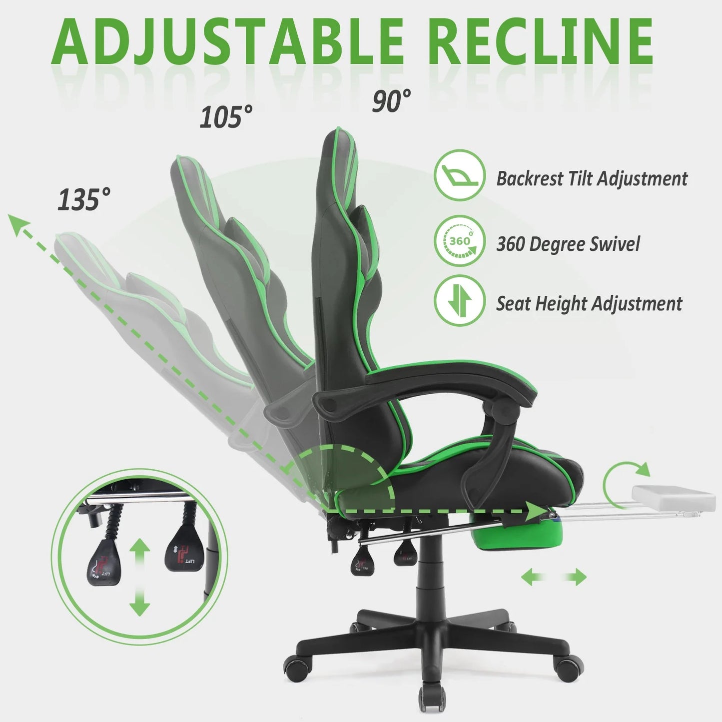 Green Gaming Chair with Footrest, High Back Office Chair with Massage Lumbar Pillow, Swivel Game Gamer Chairs for Adults Kids, Ergonomic Computer Chair, Green