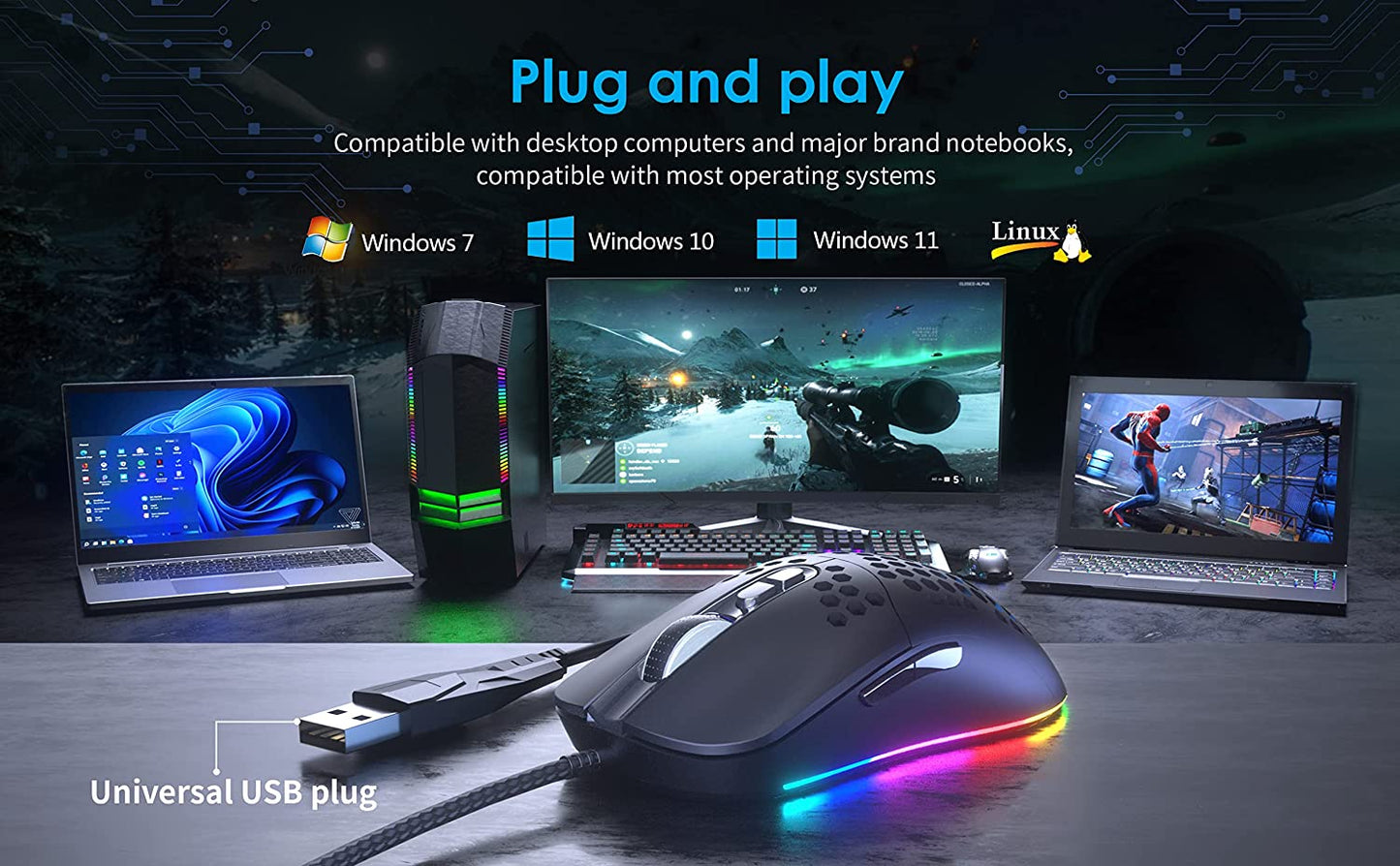 Gaming Mouse Wired Lightweight Honeycomb Mouse RGB LED Backlit USB Computer Mouse, 7 Programmable Buttons, 7200 DPI Adjustable Optical Sensor Desktop Laptop PC Gaming Mice with 5.5Ft Braided Fiber